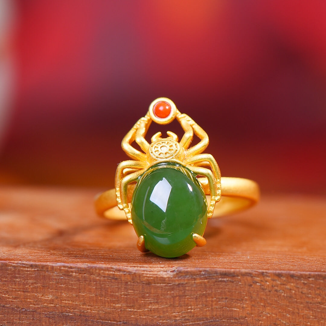 Gilt silver and Hetian jasper spider ring