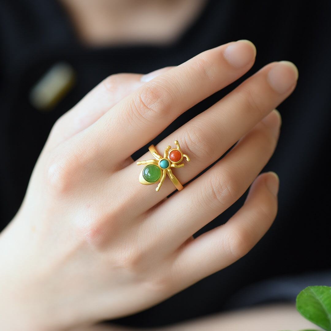 Gilt silver inlaid Hetian jasper and multi-treasure ring