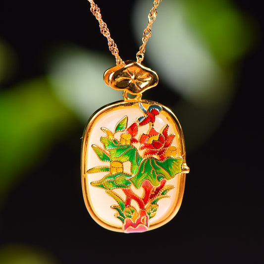 Silver gilt inlaid Hetian jade enamel flower blooming wealth pendant