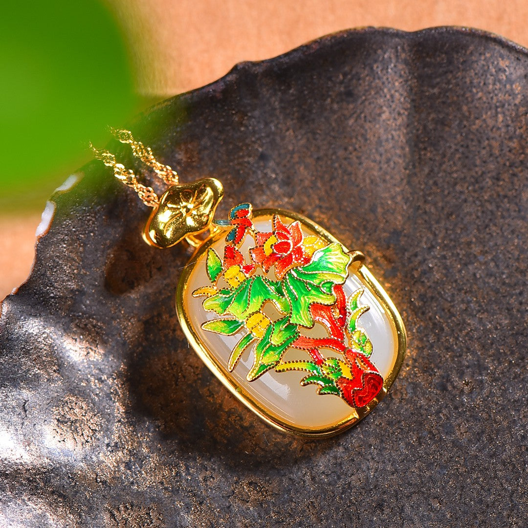 Silver gilt inlaid Hetian jade enamel flower blooming wealth pendant