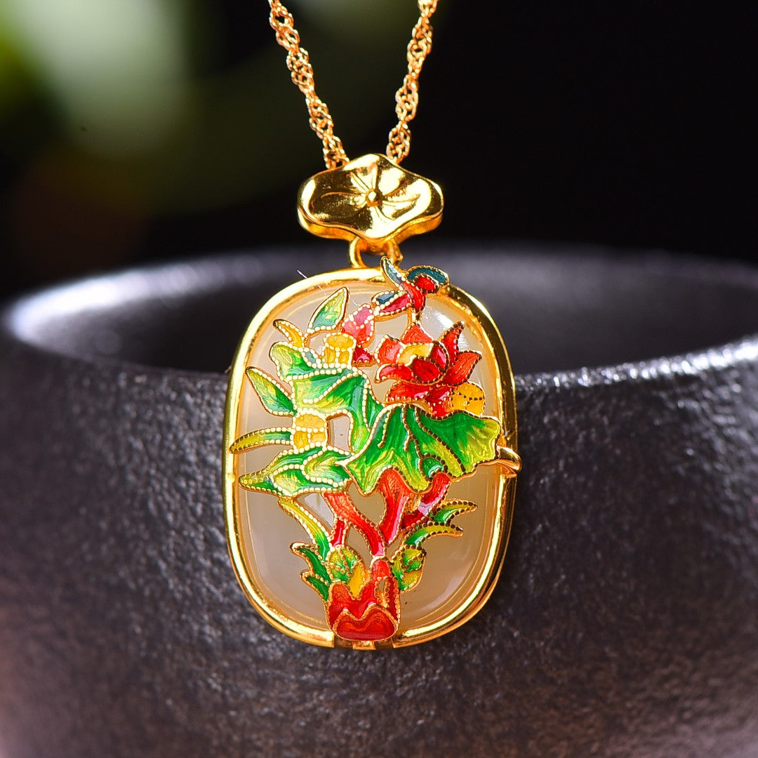 Silver gilt inlaid Hetian jade enamel flower blooming wealth pendant