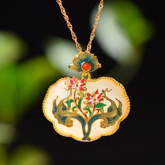 Gilt silver and Hetian jade enamel Ruyi lock pendant