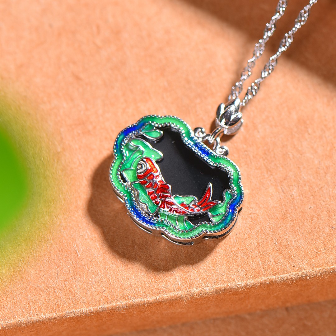 Silver inlaid Hetian jade enamel Ruyi lock pendant