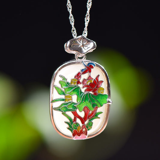 Silver inlaid Hetian jade Ping An brand flower blooming wealth enamel pendant