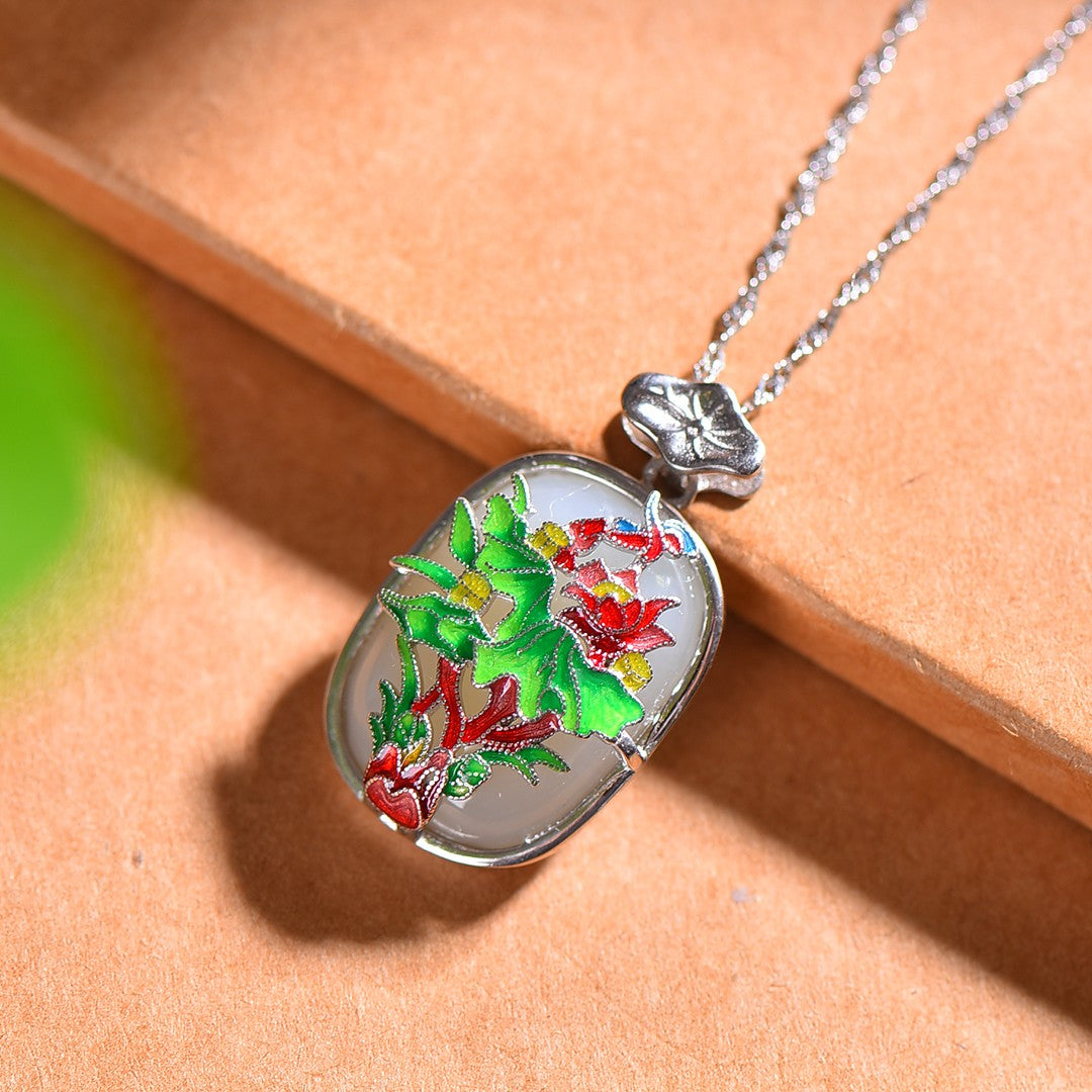 Silver inlaid Hetian jade Ping An brand flower blooming wealth enamel pendant