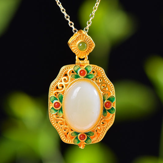 Gilt silver inlaid Hetian jade enamel sachet pendant