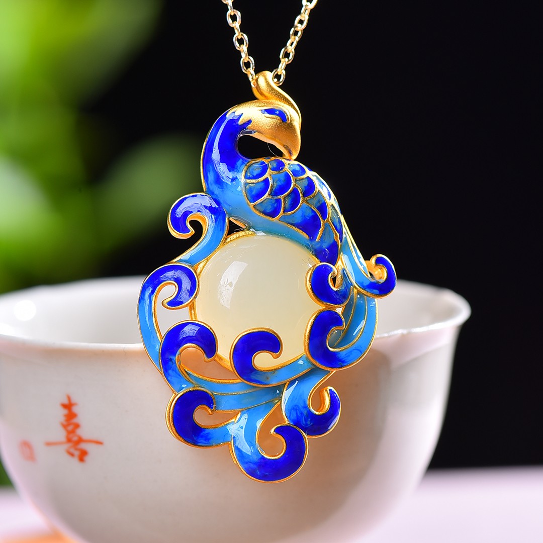 Gilt silver inlaid Hetian jade enamel phoenix pattern pendant