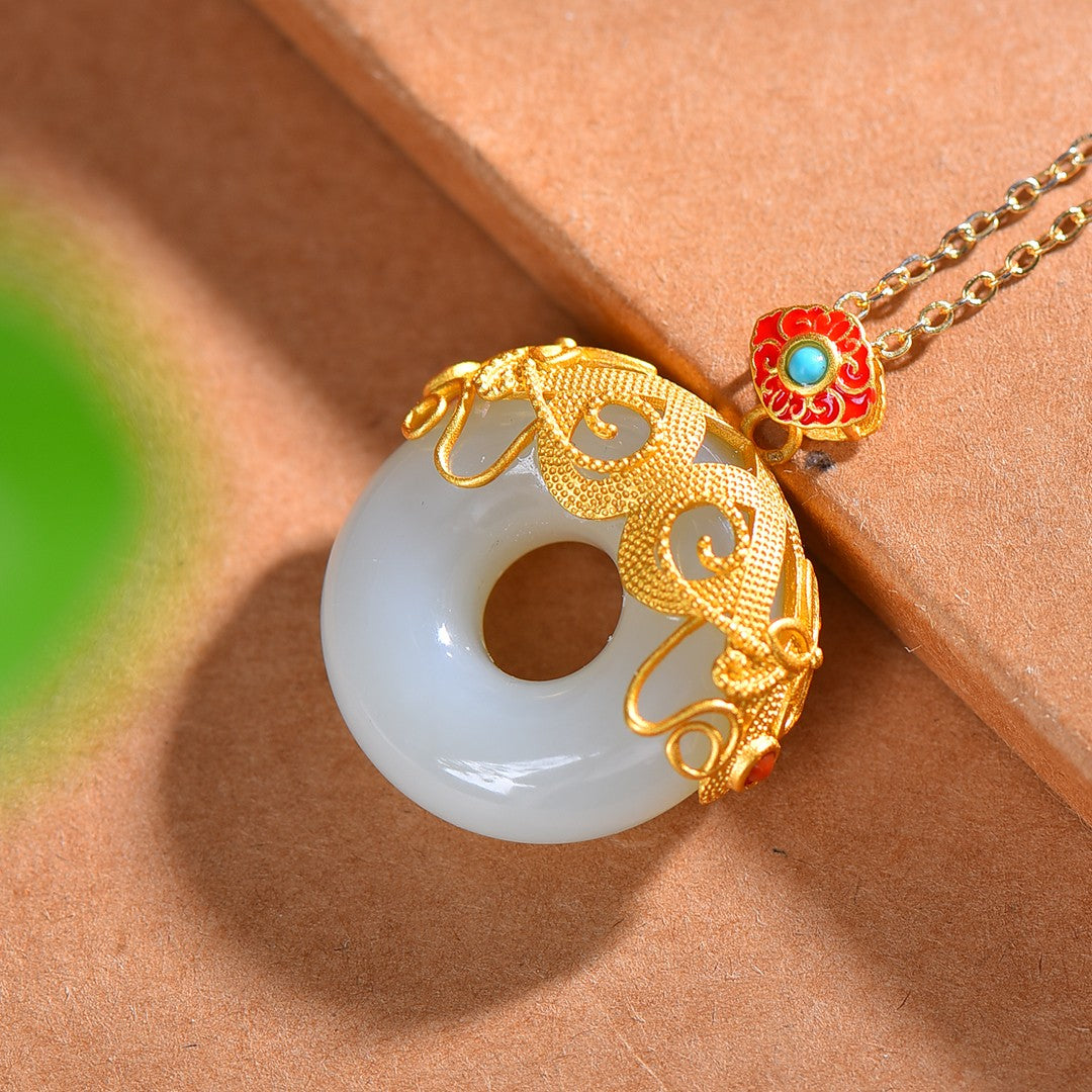 Gilt silver and Hetian jade enamel peace ring pendant