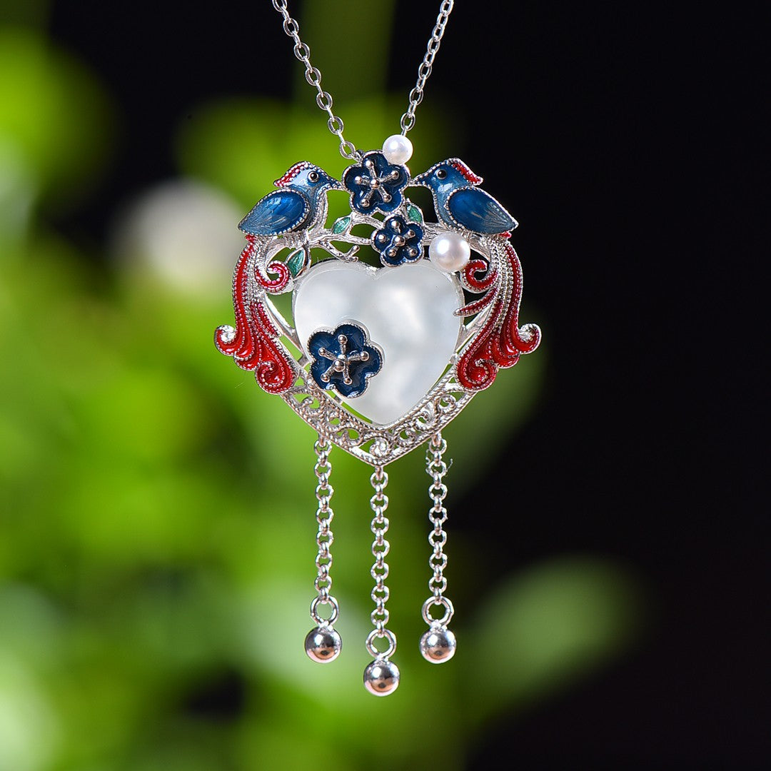 Silver inlaid Hetian jade enamel pendant