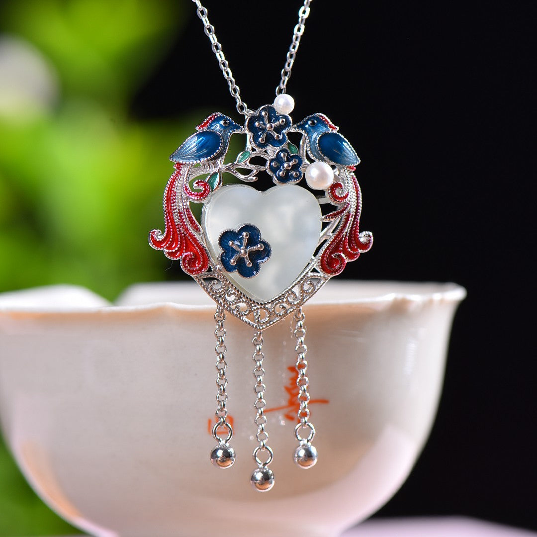 Silver inlaid Hetian jade enamel pendant