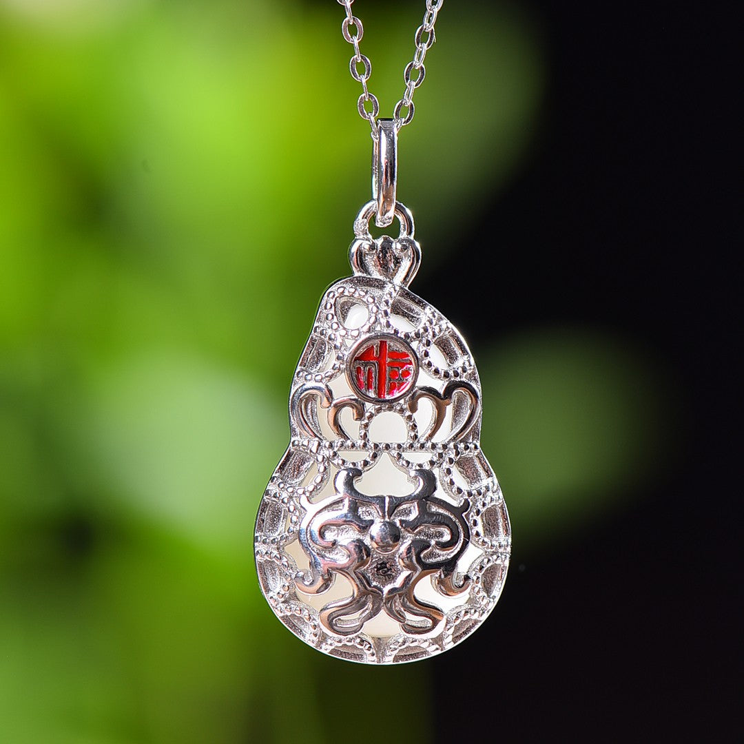 Silver inlaid Hetian jade gourd pendant