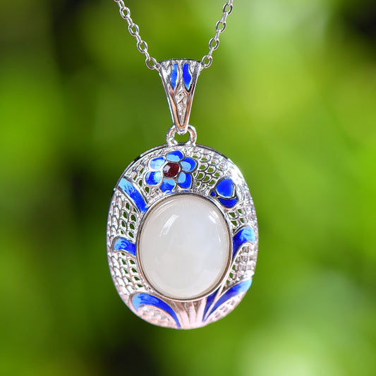 Silver inlaid Hetian jade enamel cabochon pendant