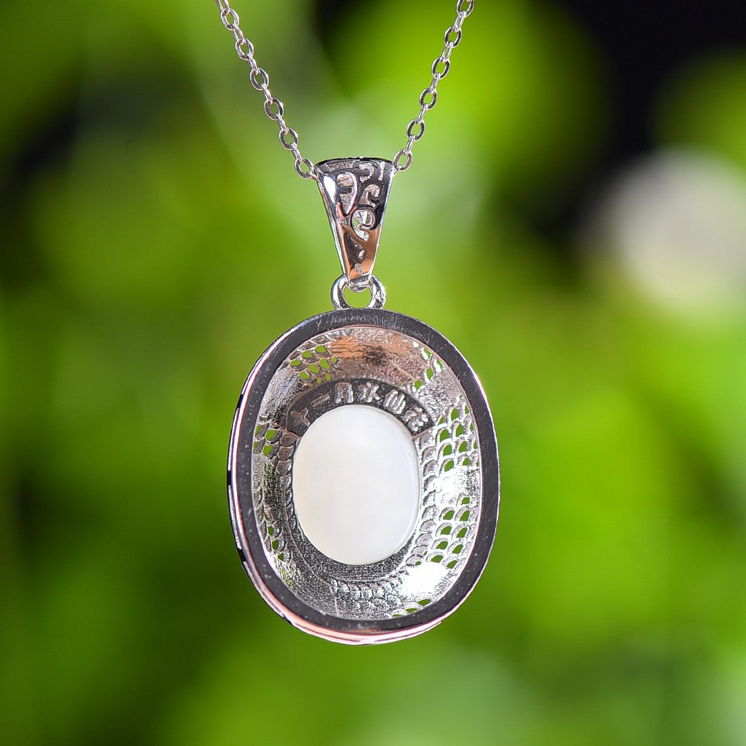 Silver inlaid Hetian jade enamel cabochon pendant