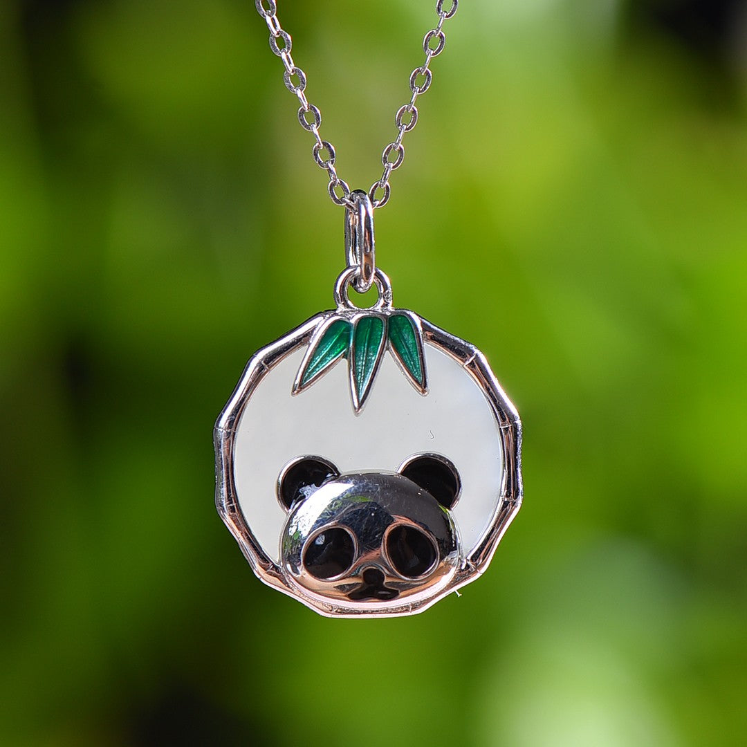 Silver inlaid Hetian jade enamel panda pendant