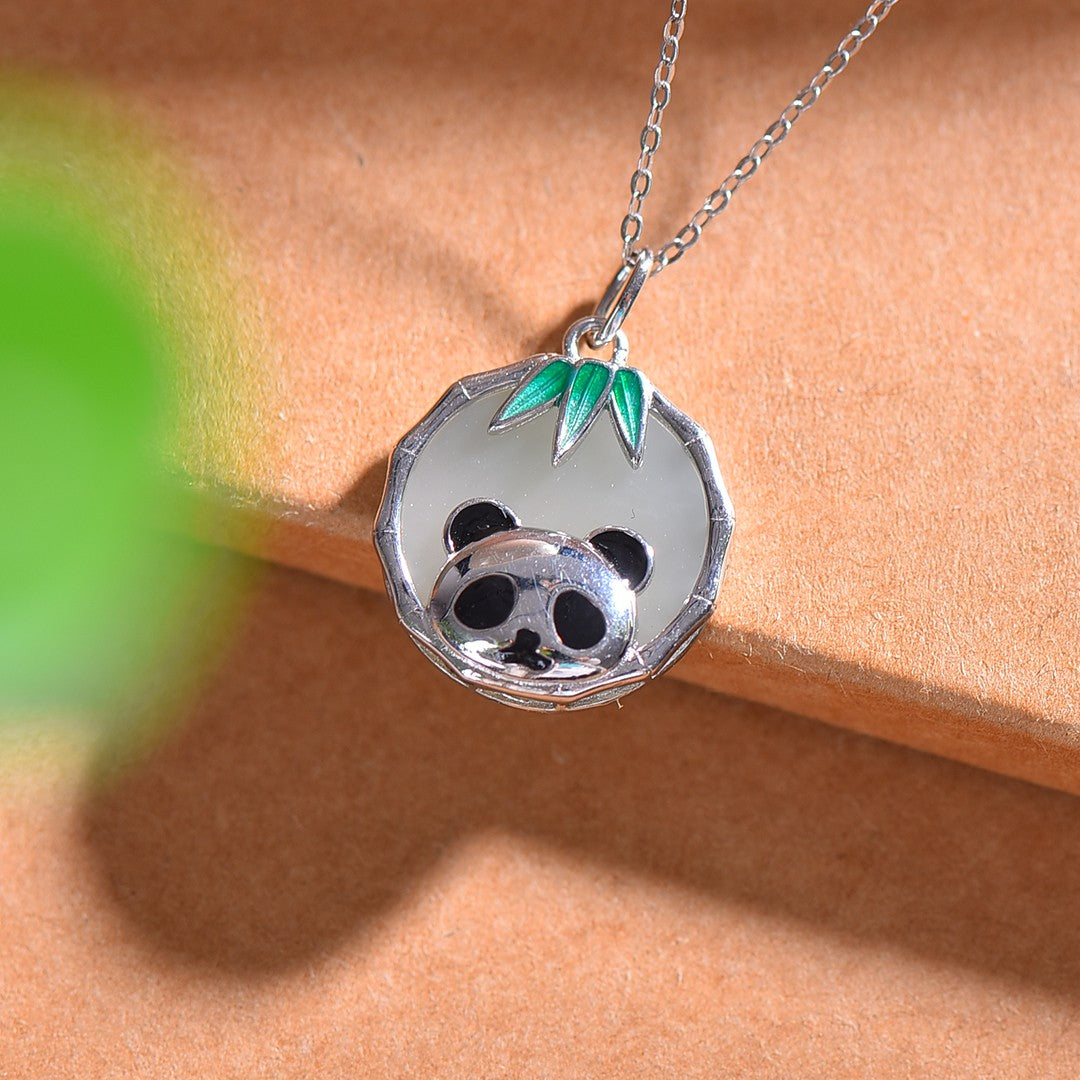 Silver inlaid Hetian jade enamel panda pendant