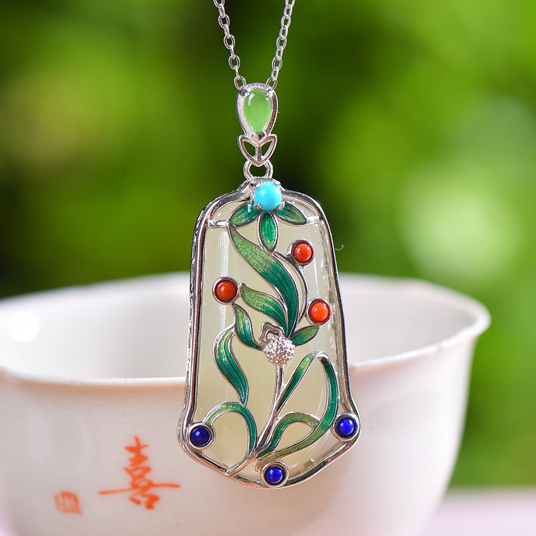 Silver inlaid Hetian jade enamel Ping An brand pendant