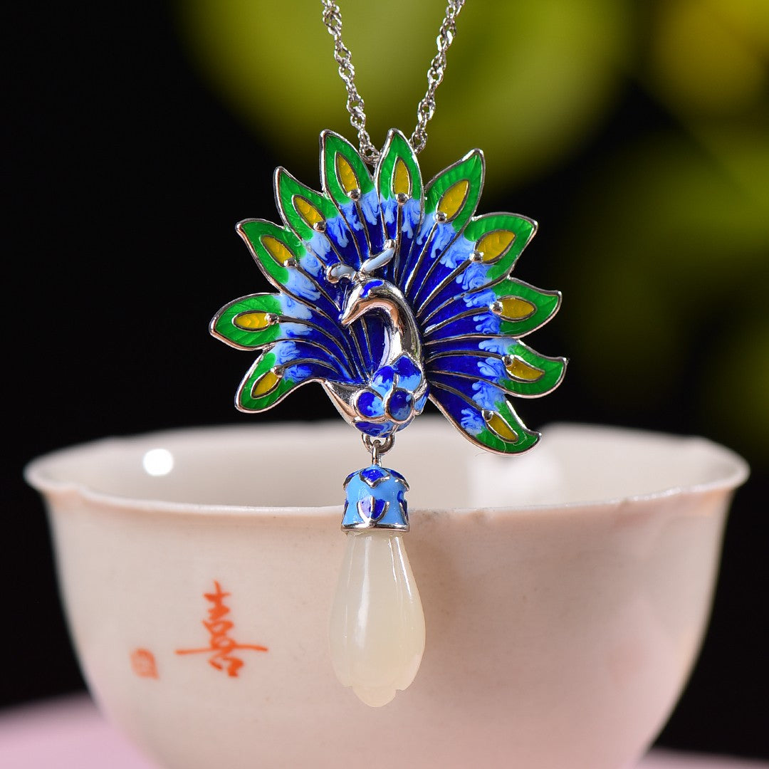 Silver inlaid Hetian jade enamel magnolia pendant