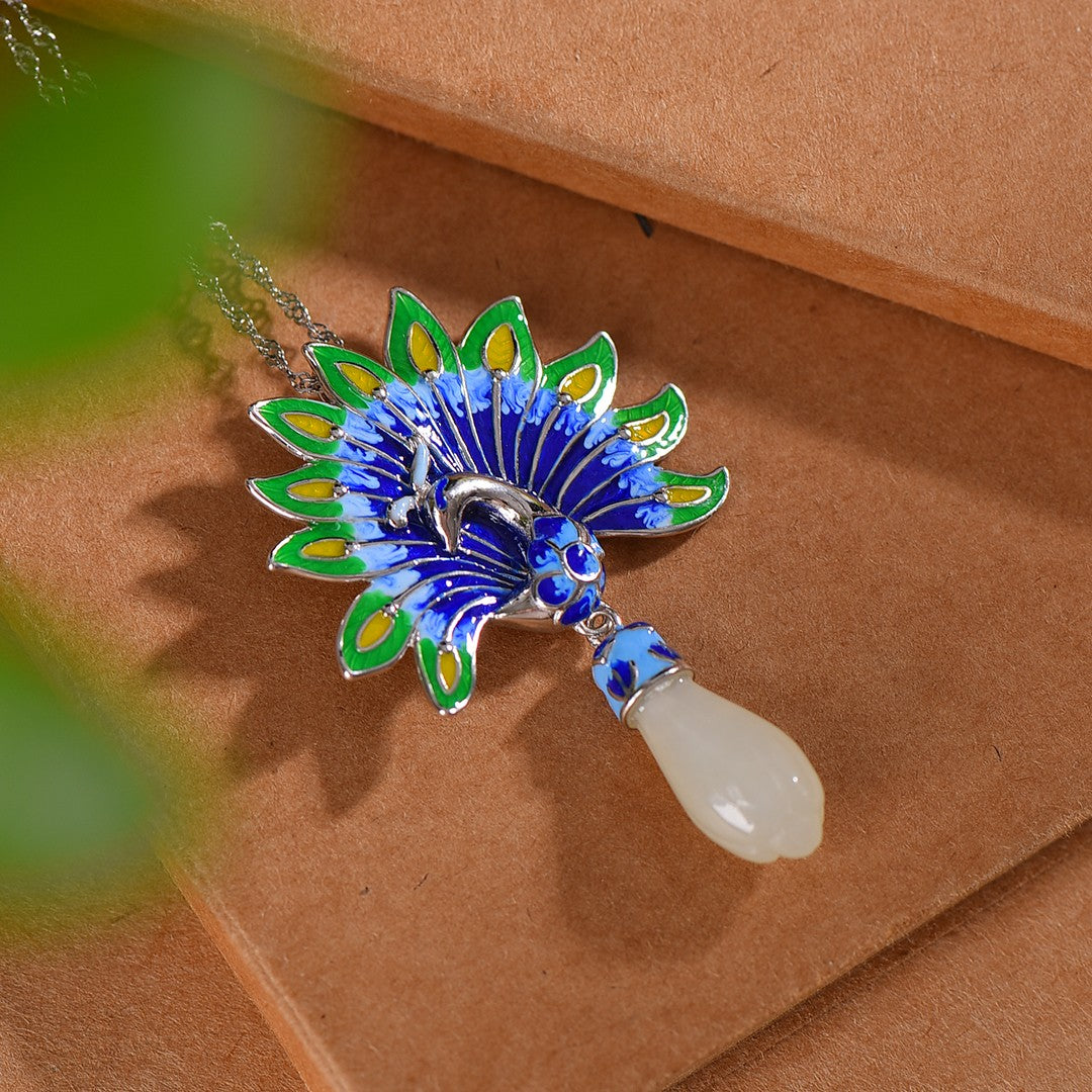 Silver inlaid Hetian jade enamel magnolia pendant