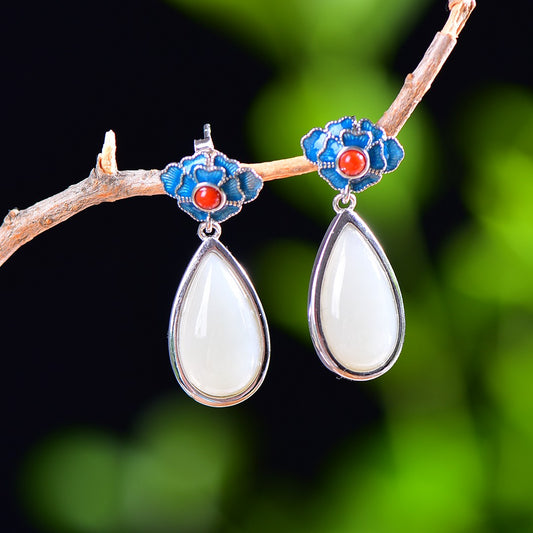 Silver inlaid Hetian jade enamel drop earrings