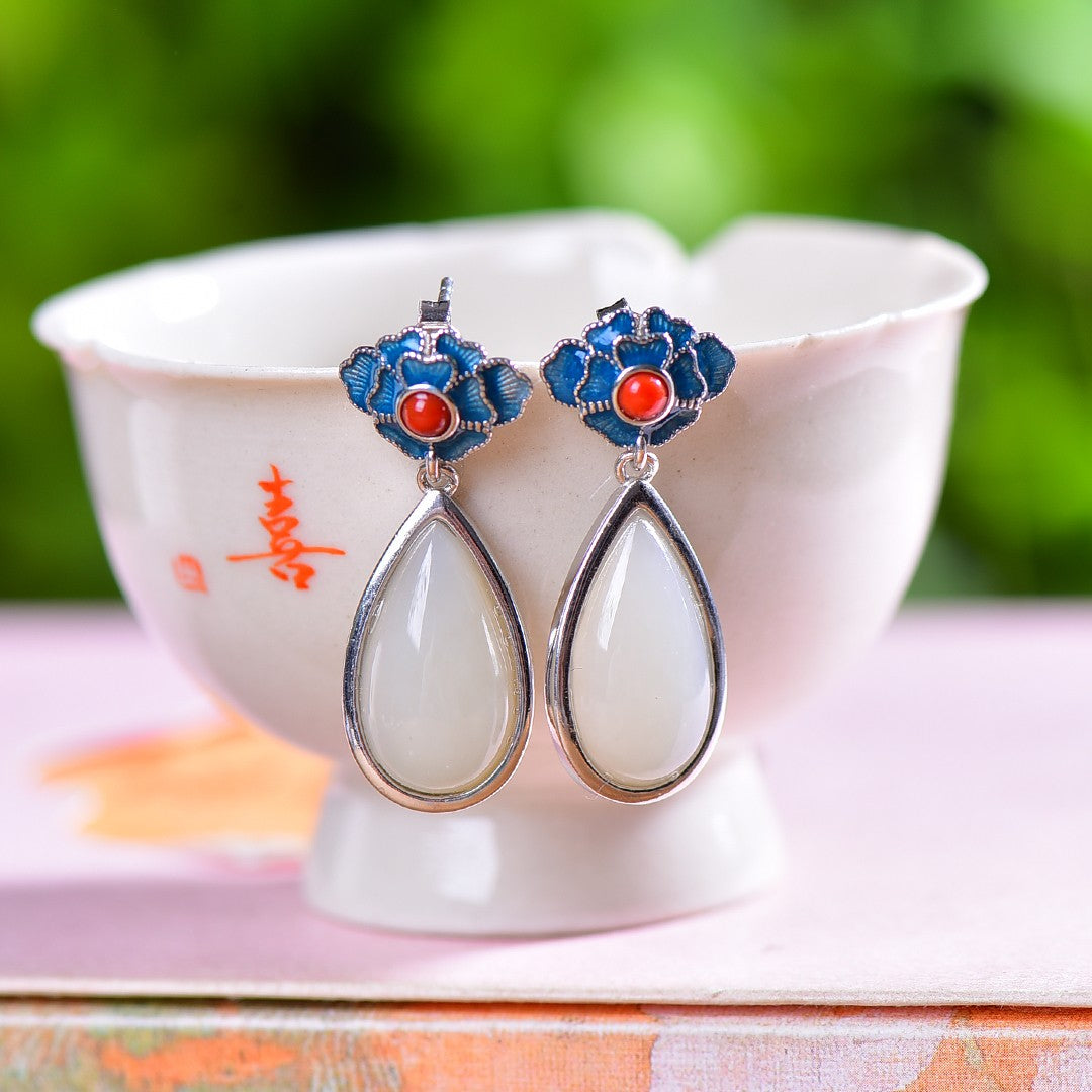 Silver inlaid Hetian jade enamel drop earrings