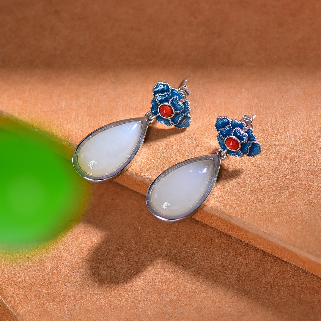 Silver inlaid Hetian jade enamel drop earrings