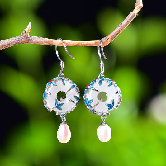 Silver inlaid Hetian jade enamel peace ring earrings