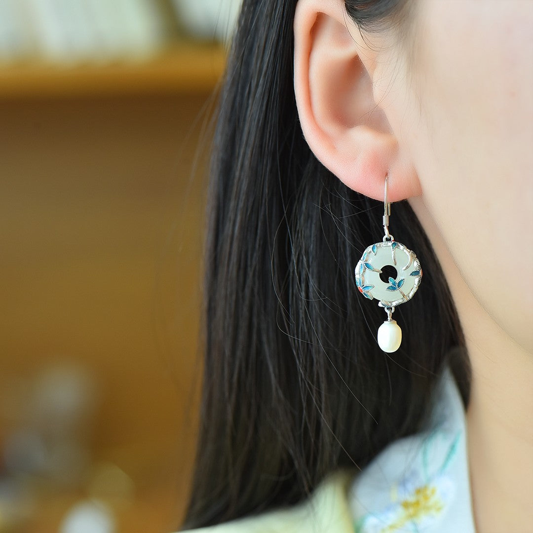 Silver inlaid Hetian jade enamel peace ring earrings