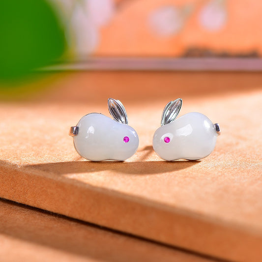 Silver Inlaid Hetian Jade Rabbit Stud Earrings