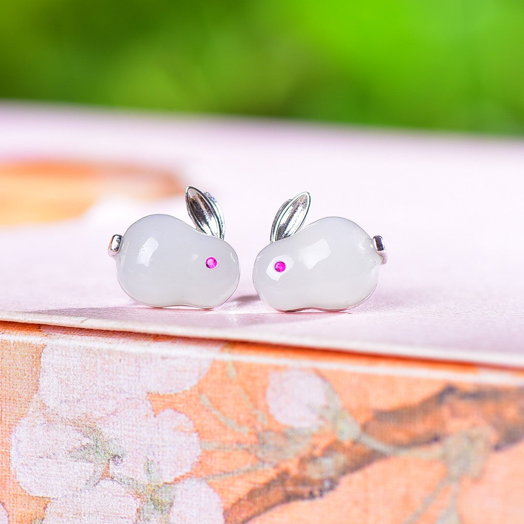 Silver Inlaid Hetian Jade Rabbit Stud Earrings