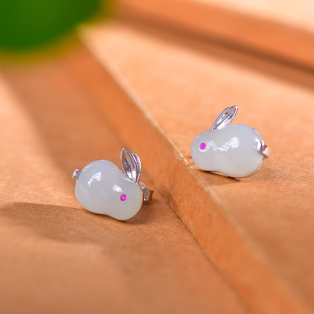 Silver Inlaid Hetian Jade Rabbit Stud Earrings