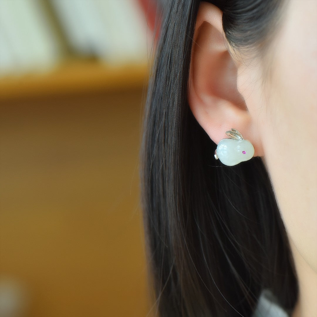 Silver Inlaid Hetian Jade Rabbit Stud Earrings