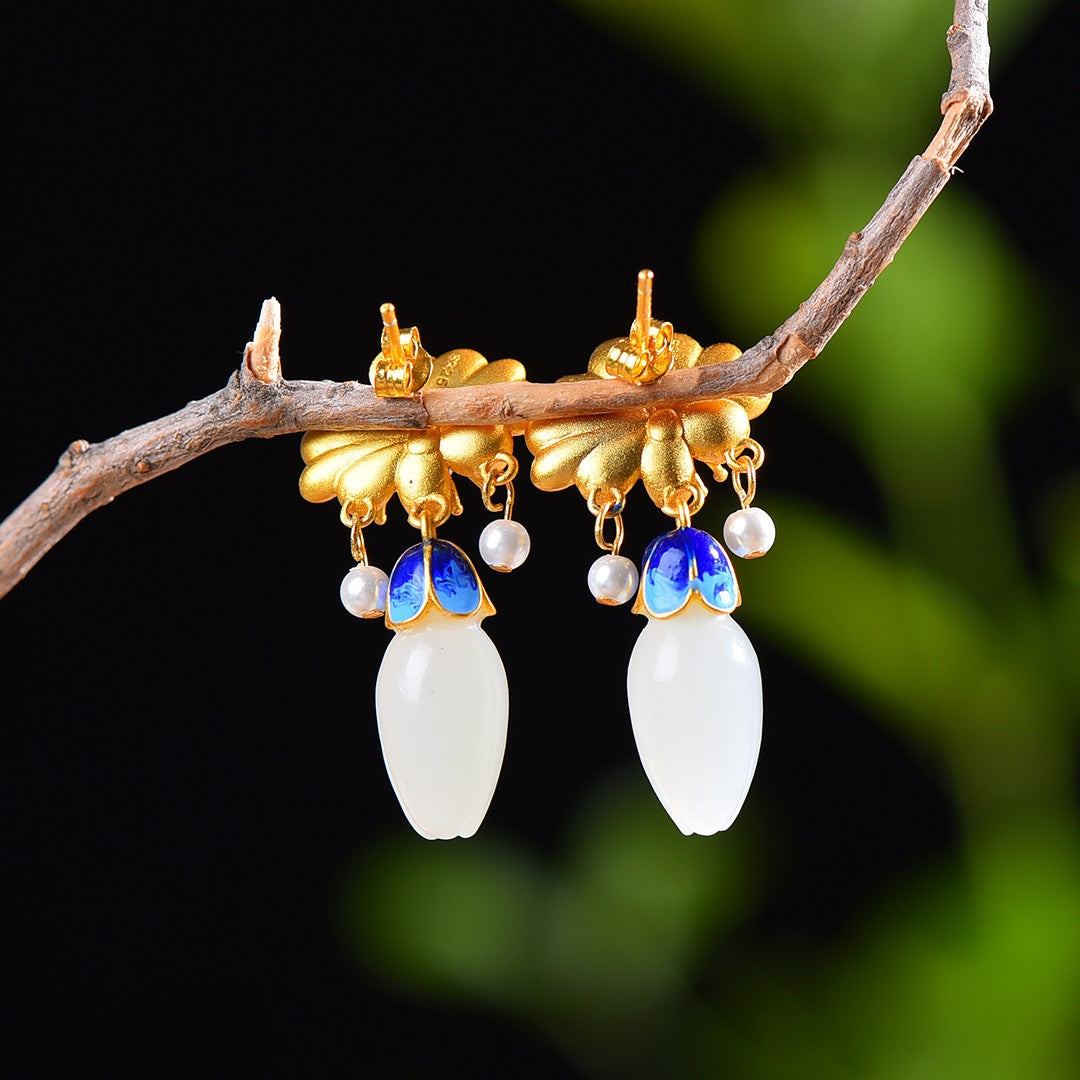 Silver inlaid Hetian jade and enamel magnolia flower earrings