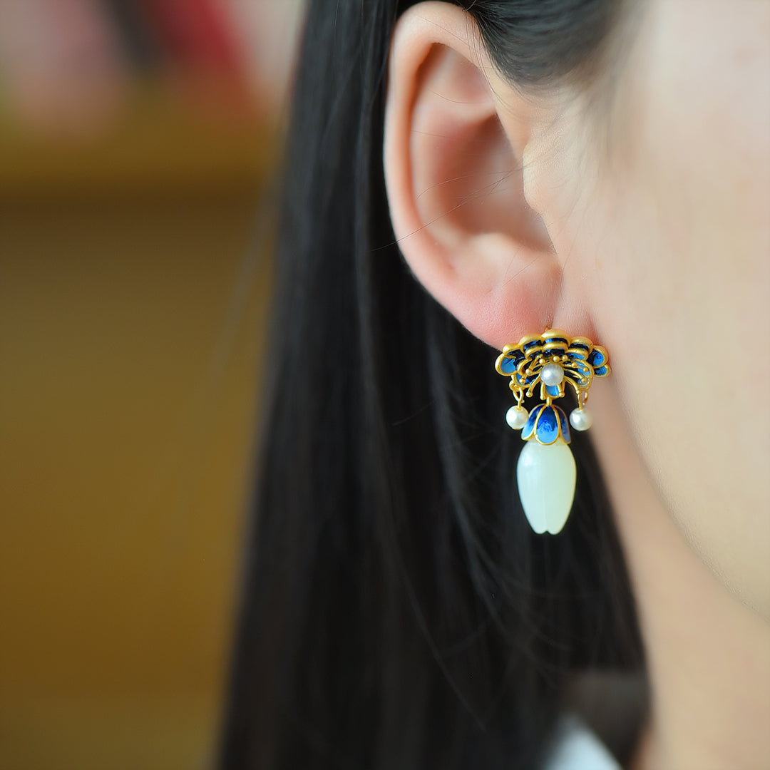 Silver inlaid Hetian jade and enamel magnolia flower earrings