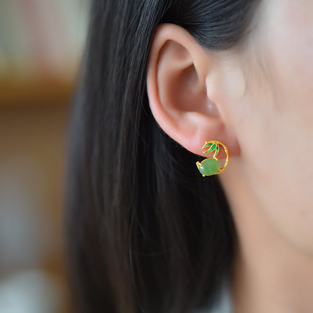 Gilt silver and Hetian jasper enamel cabochon earrings