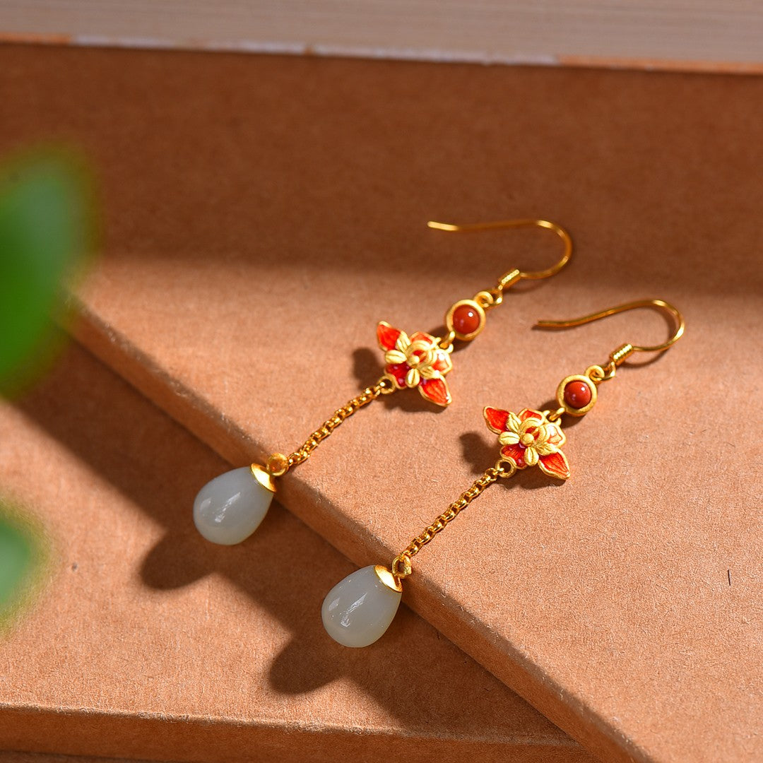 Gilt silver and Hetian jade enamel drop earrings