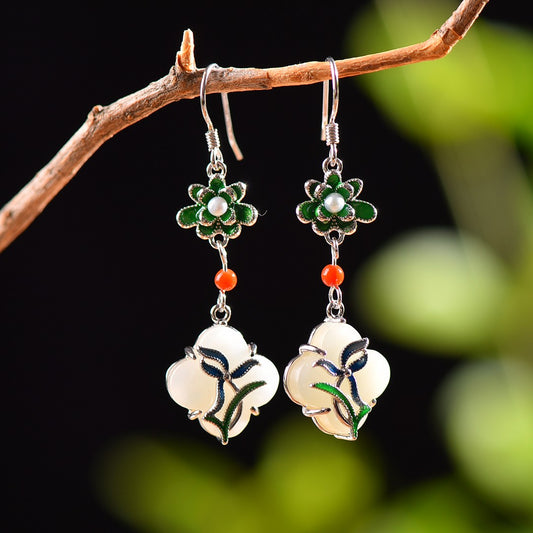 Silver inlaid Hetian jade enamel four-leaf clover earrings