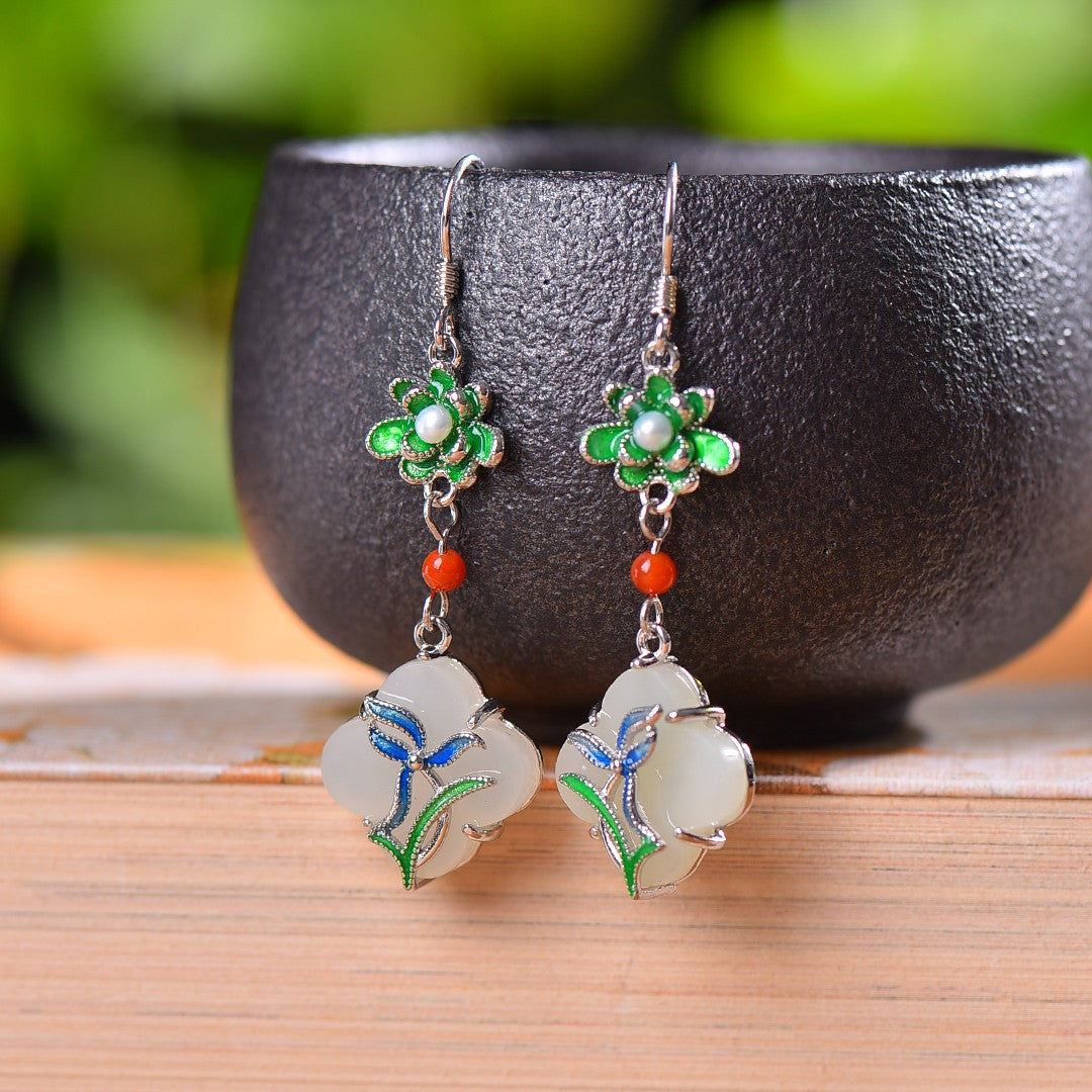 Silver inlaid Hetian jade enamel four-leaf clover earrings