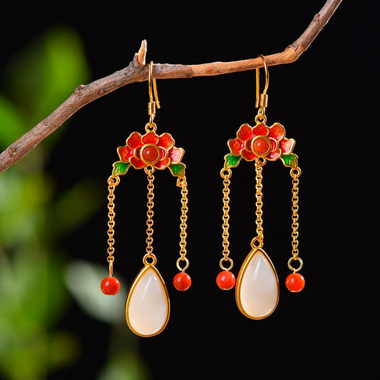 Gilt silver and Hetian jade drop enamel with southern red earrings