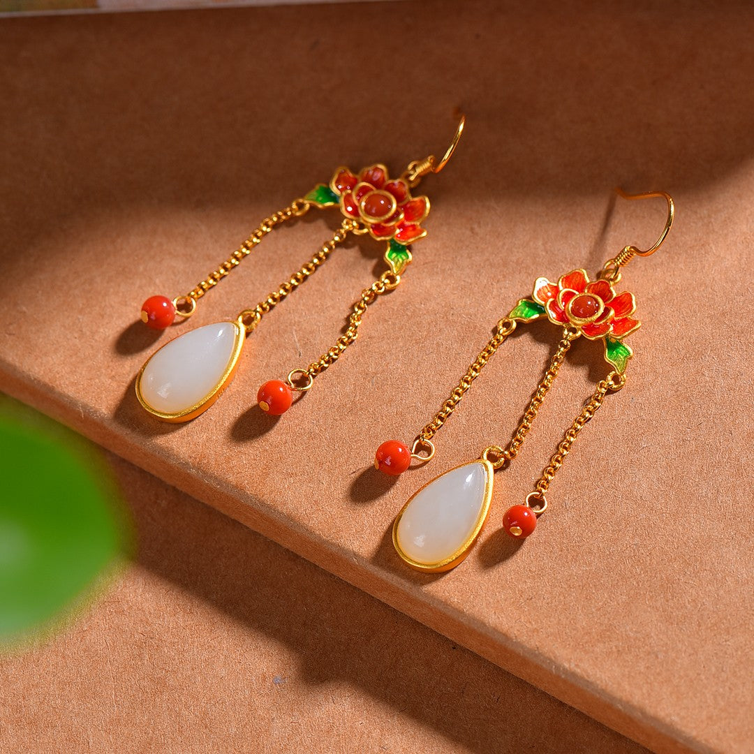 Gilt silver and Hetian jade drop enamel with southern red earrings