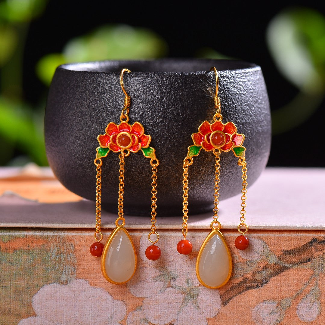 Gilt silver and Hetian jade drop enamel with southern red earrings