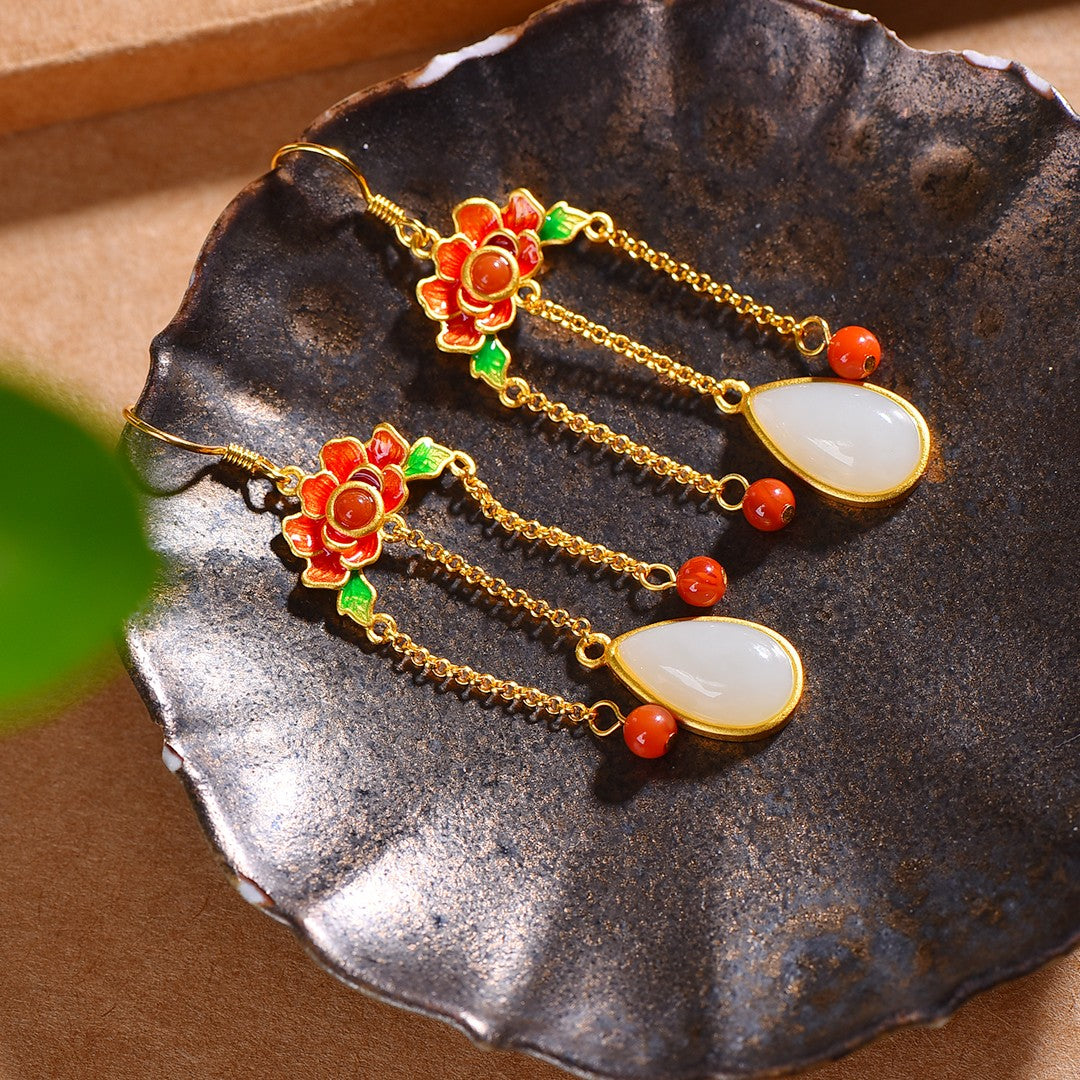 Gilt silver and Hetian jade drop enamel with southern red earrings