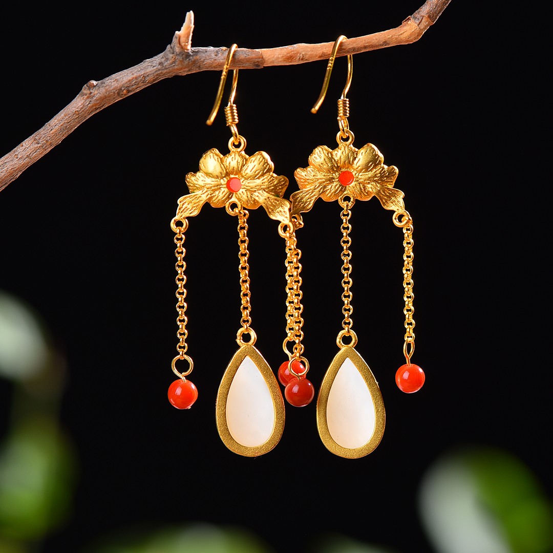 Gilt silver and Hetian jade drop enamel with southern red earrings