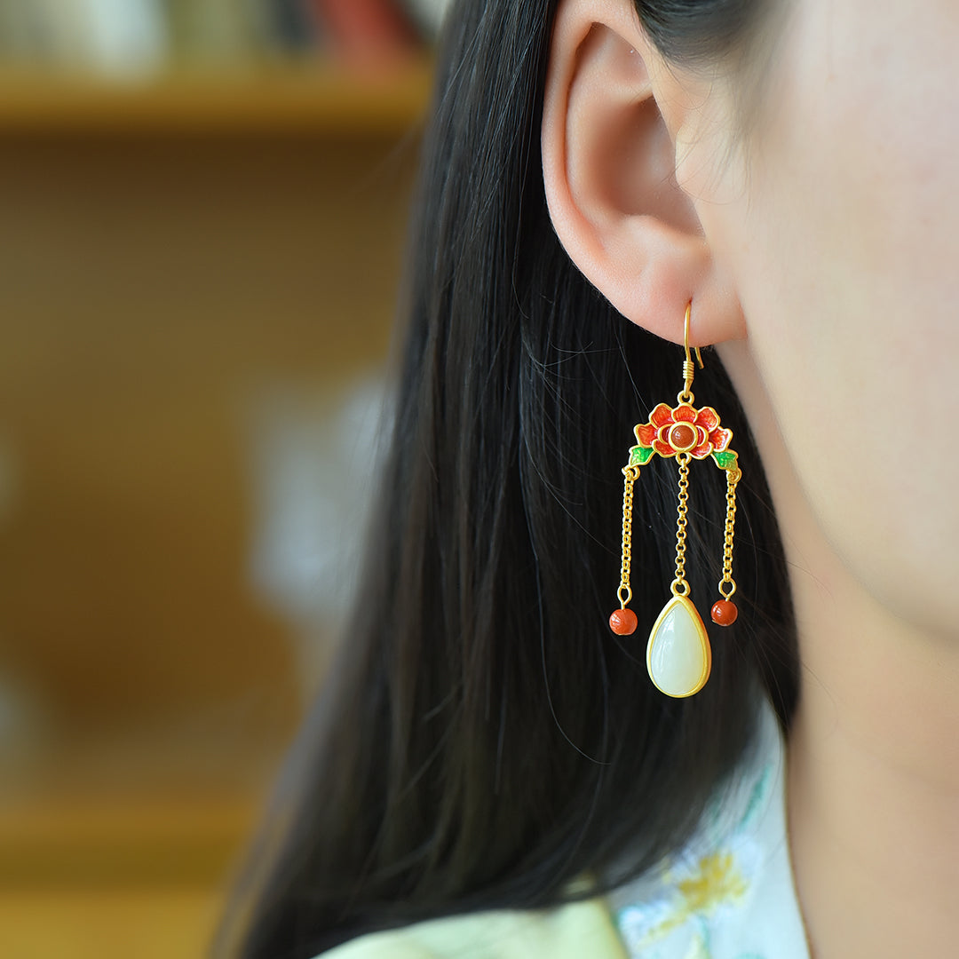 Gilt silver and Hetian jade drop enamel with southern red earrings