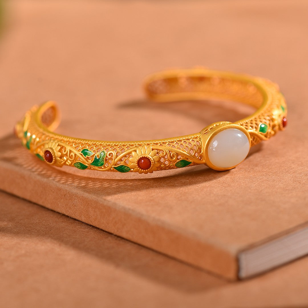 Gilt silver and Hetian jade enamel filigree bracelet