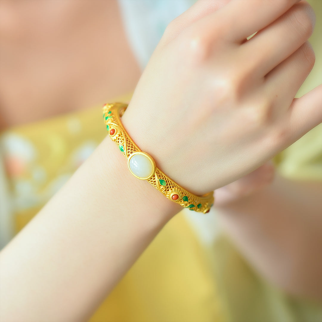 Gilt silver and Hetian jade enamel filigree bracelet