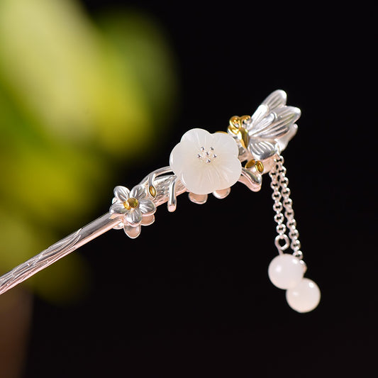 Silver inlaid Hetian jade redbud tassel hairpin