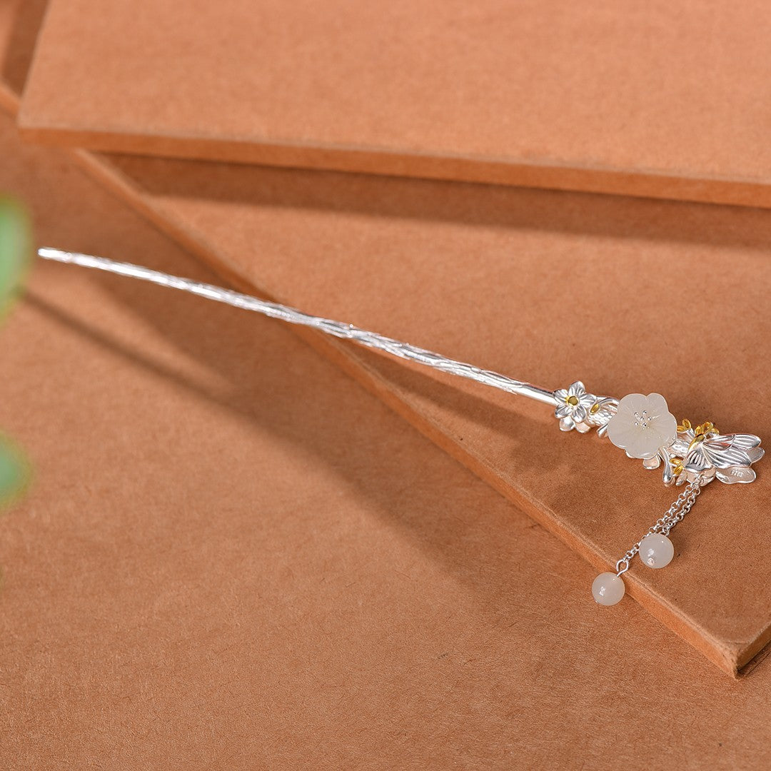 Silver inlaid Hetian jade redbud tassel hairpin