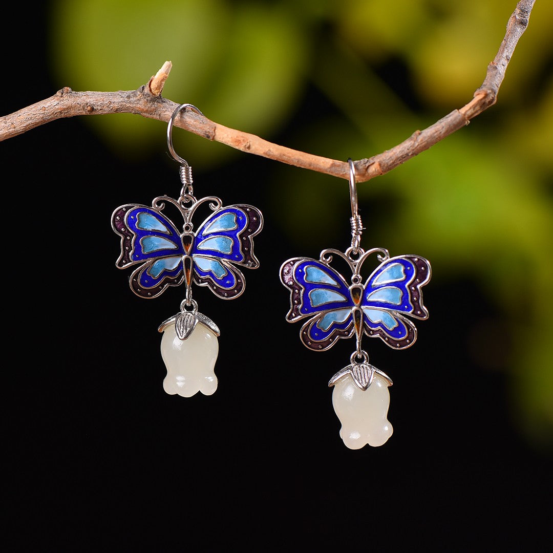 Silver Hetian Jade Pomegranate Flower Butterfly Earrings