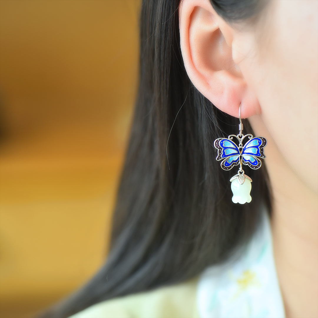 Silver Hetian Jade Pomegranate Flower Butterfly Earrings