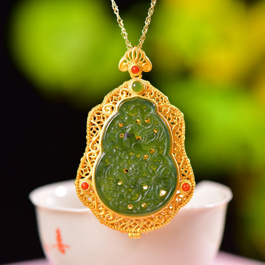 Gilt silver inlaid jasper hollow and multi-treasure sachet pendant